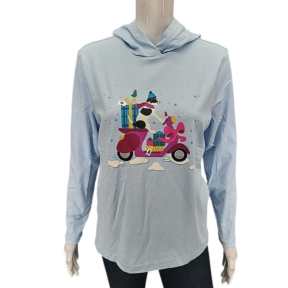 Christopher and Banks Blue Holiday Dog Graphic Hoodie Petite Medium PM NEW